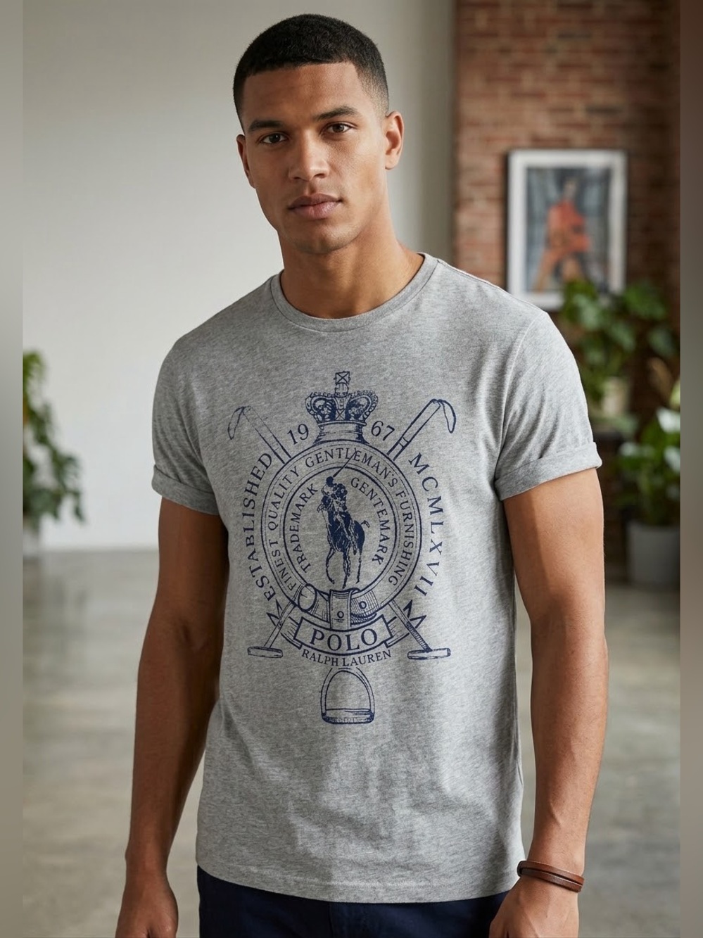 Vintage Ralph Lauren Polo Crest T-Shirt Gray Navy Size Large
